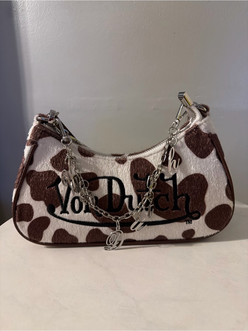Von Dutch Brown & White Cow-Print Chain Shoulder Bag